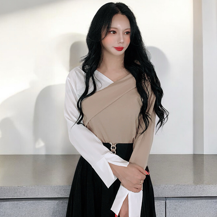 하루유키 배색블라우스 셔츠 간절기 언발 오프숄더 3Color