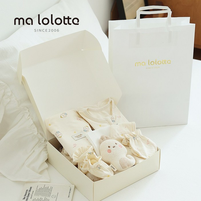 마롤로뜨 꼬물이 신생아 7종 출산선물 세트 선물포장 통잠 스와들아기속싸개보넷모자딸랑이손싸개발싸개거즈손수건
