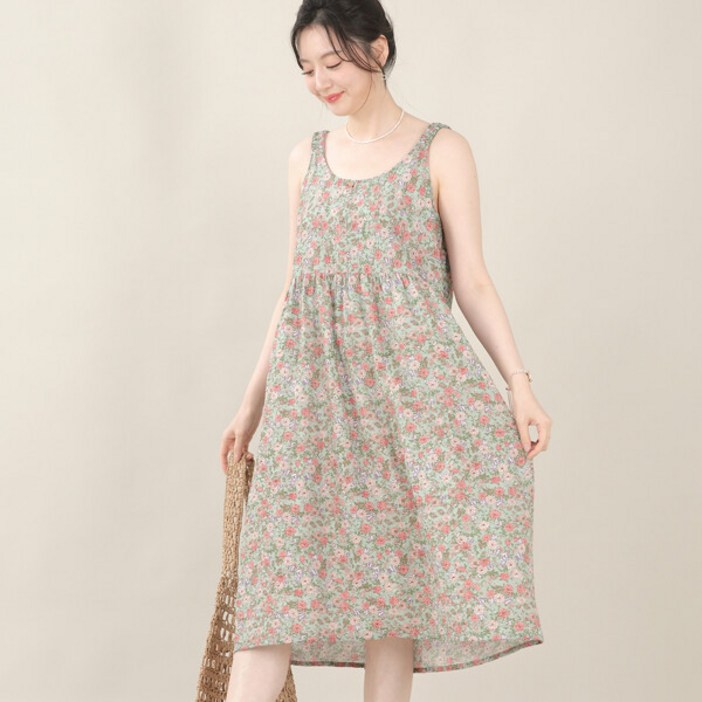 애비뉴투지 엄마옷 한여름 얇은 아사면 민소매 여름 셔링 나시 플라워 롱 원피스 홈웨어 H06562