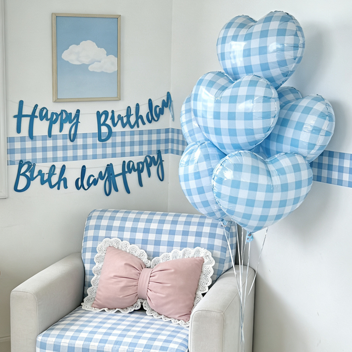 생일 가랜드 풍선 세트 생일파티 용품 1세트, 블루 체크 하트 8p + 가랜드