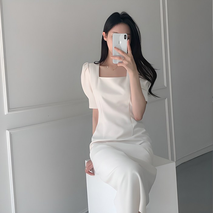 예쁨시전 웨딩룩 스퀘어넥 어깨퍼프 반팔 핀턱 롱 원피스 예쁨시전 웨딩룩 스퀘어넥 어깨퍼프 반팔 핀턱 롱 원피스