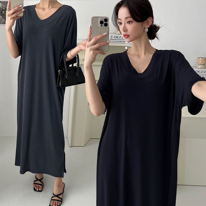 예쁜언니 빅사이즈 브이넥 찰랑 냉감원단 옆트임 롱원피스 냉장고원피스 반팔 원피스 예쁜언니 빅사이즈 브이넥 찰랑 냉감원단 옆트임 롱원피스 냉장고원피스 반팔 원피스