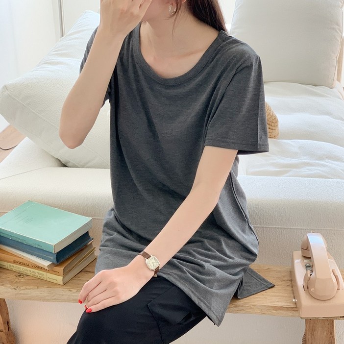 앤샵 반팔티셔츠 언발란스 레이어드 옆트임 롱 티셔츠 무지티 이너티 롱티 3color