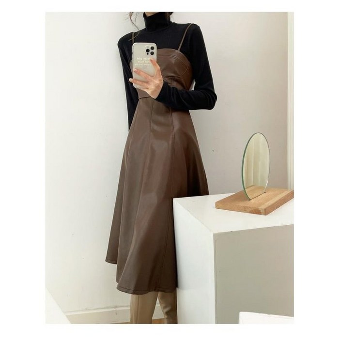 NPLYQ012빅 사이즈 봄가을 레더 가죽  멜빵 뷔스티에원피스