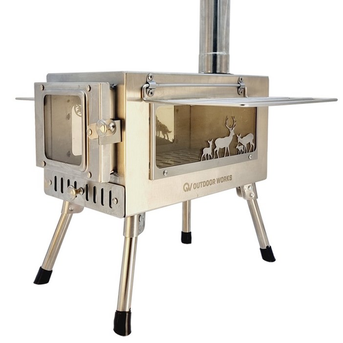 아웃도어웍스 화목난로 캠핑난로 3면 불보기창 늑대스킨 캠핑용화목난로 장작 난로
