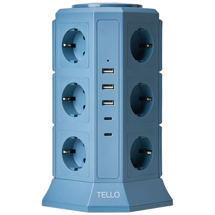 텔로 에디션 타워 멀티탭 17구USB3,CTYPE2 KC인증 접지 안전 고급 멀티탭 선정리 가능한 인테리어 귀여운 디자인 예쁜색상, 2m, 딥블루, 1개