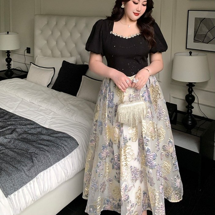 여름 롱원피스 빅사이즈 큐빅 스팽글 5XL까지 하이웨이스트 이브닝드레스
