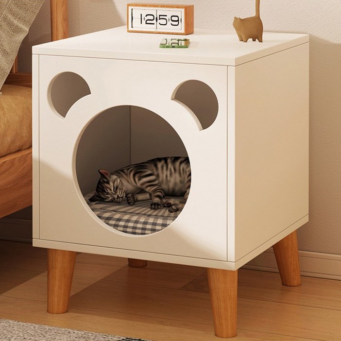 북유럽풍 고양이 하우스 침대 협탁 사이드 테이블, 화이트, 1개