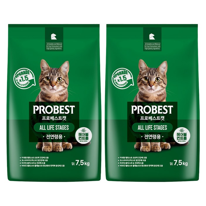 프로베스트 고양이 그린 전연령 기능성 사료, 헤어볼장건강, 7.5kg, 2개