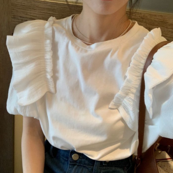 [엔젤D]  여성 쥬크니 어깨 프릴 반팔 티셔츠