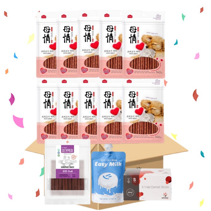 아스쿠 모정 오리고기져키140gx10개+이거먹자오리져키100g+이지밀크50ml+우라노 엑스마일 먹는치약 덴탈껌S 1p