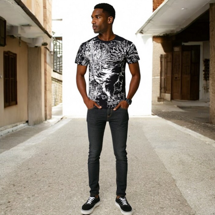 기사미 USA 타투반팔티 무대의상 할리라이더 음악동호회티 중세문양타투티 CA01637 블랙