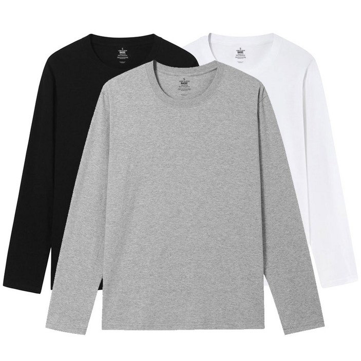 라이프폼 3장1세트 남성 여성 순면100 무지 라운드 긴팔 무지티 기본티 티셔츠 흰티 면티 긴팔티