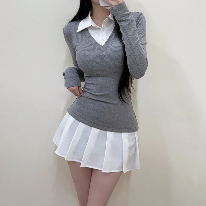 VANANA2 일체형셔츠 레이어드 배색 카라 원피스