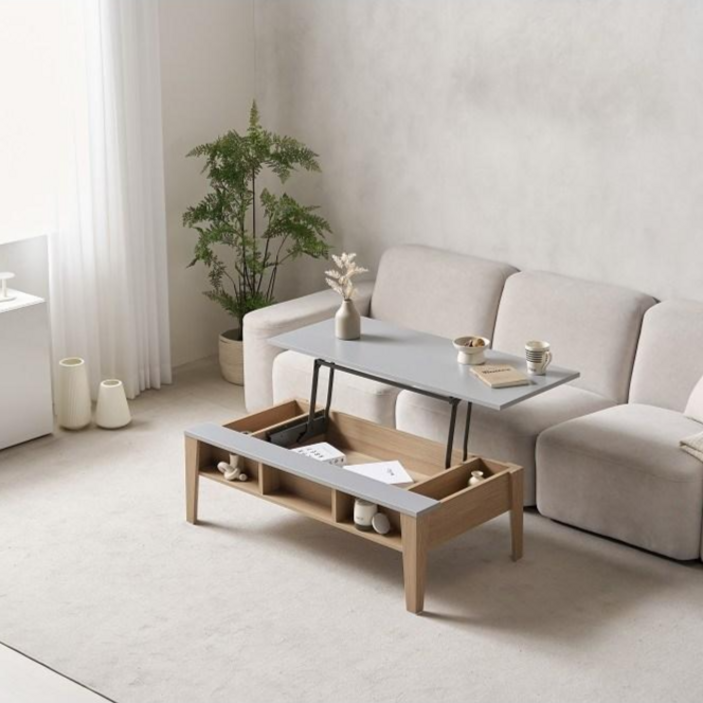 공장판매국내제조 듀얼리프트시스템 좌식탁자겸용 조립필요없는 포텐 거실리프트업테이블, 오크그레이