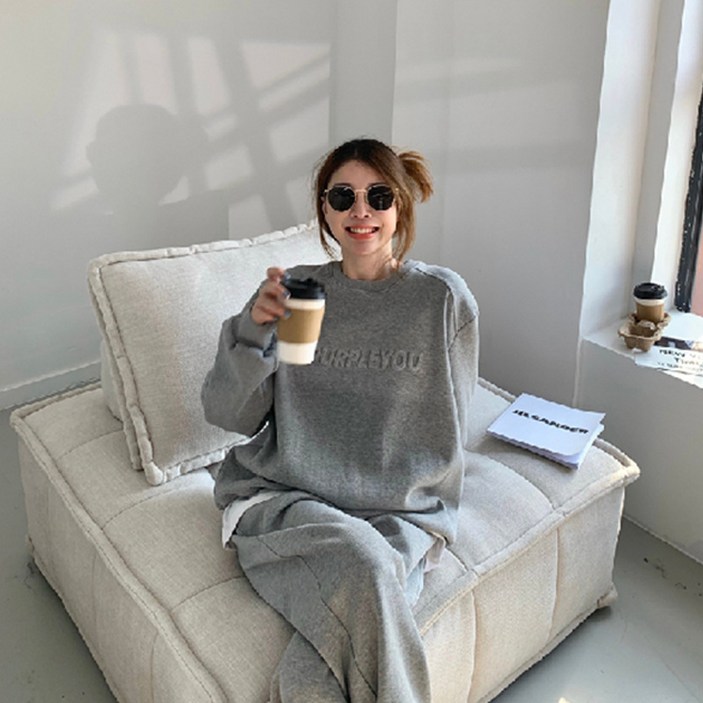 여성 겨울 기모맨투맨 긴팔티 오버핏 빅사이즈 간절기 밴딩 조거팬츠 상하세트