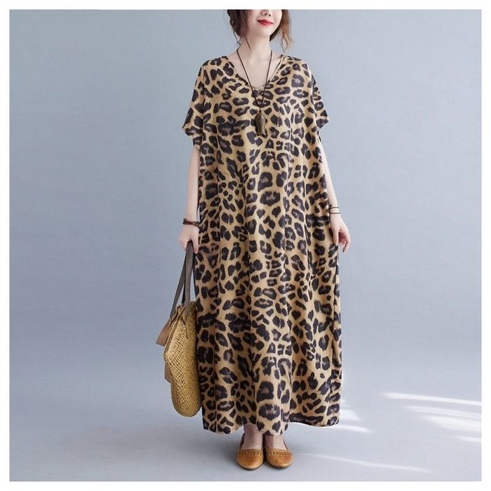 여성용 여름 빅 사이즈 브이넥 루즈핏 레오파드 반팔 롱 원피스