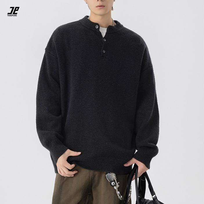 남자 긴팔 니트 카라 티셔츠 부드러운 루즈핏 반폴라 니트 남성 캐주얼 스웨터