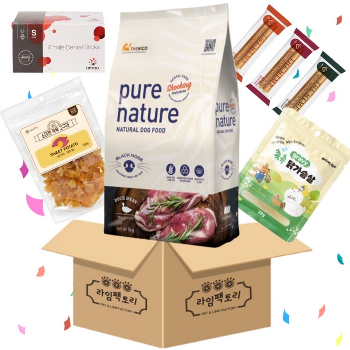 퓨어네이처 그레인프리 오리와감자 5kg+소미펫깍둑고구마250g+네이처알로촉촉닭가슴살1p+더햄프츄1p+우라노엑스마일먹는치약덴탈껌1p
