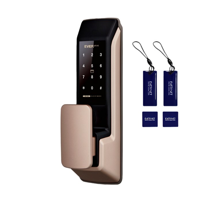 에버넷 무타공 푸시풀 도어락 에버플러스 EP-101 골드 고객직접설치 (번호전용,카드,지문), 고객직접설치, 2. EP-101S 골드(번호+카드)