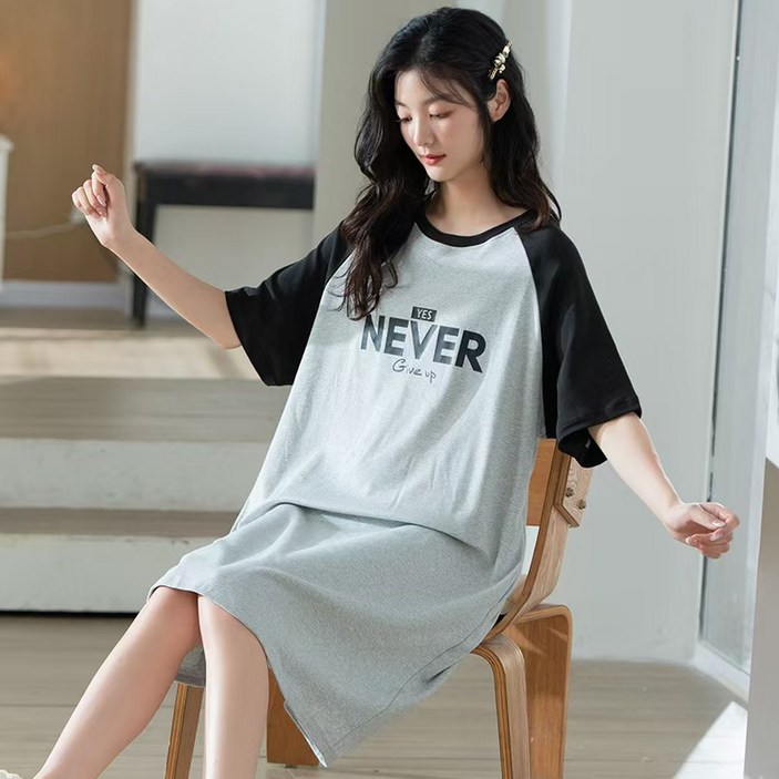 COSYEVNO 순면 여성 원피스 라운드 홈웨어 롱 스커트 잠옷