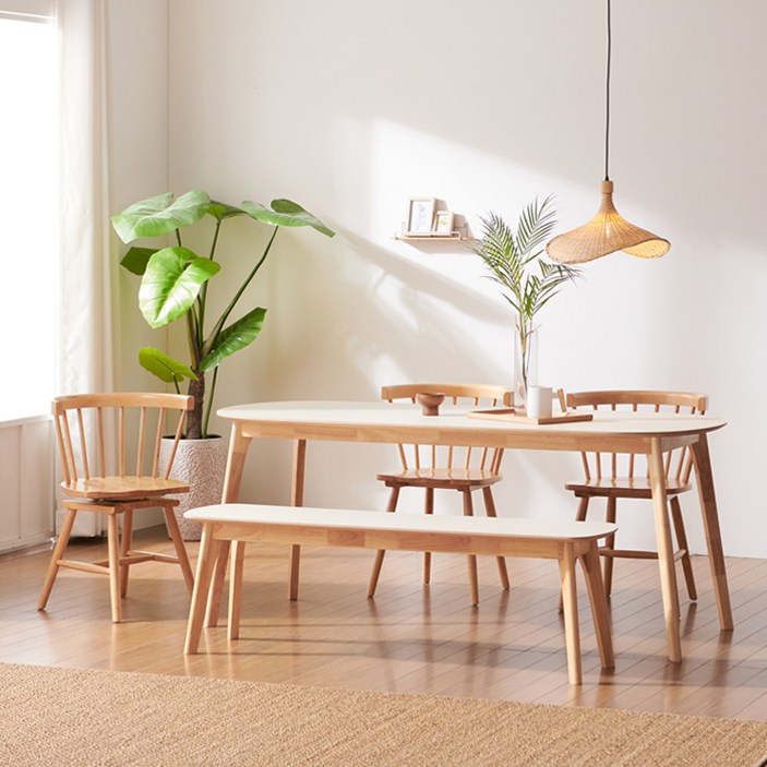 나무뜰 보노 HPM 반타원타원사각 원목 식탁 테이블, 크림화이트