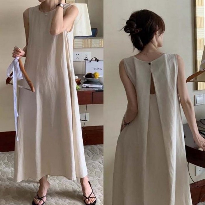 여름 민소매 루즈핏 롱원피스 바스락 빅사이즈 비치룩 휴양지 홈드레스