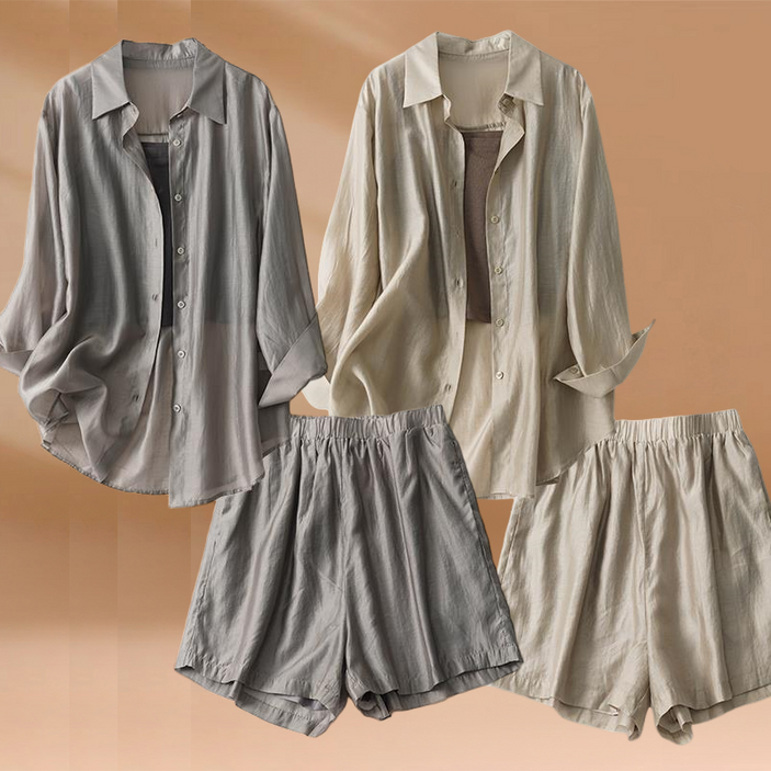 RCLET 여성 여름 캐주얼 세트 자외선 차단 셔츠 민소매 나시 슬랙스 3종 세트 셔츠+나시+반바지