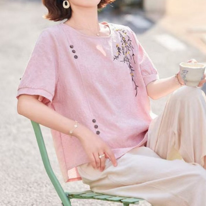 여성 여름 면마 자수 중년 반팔 티셔츠