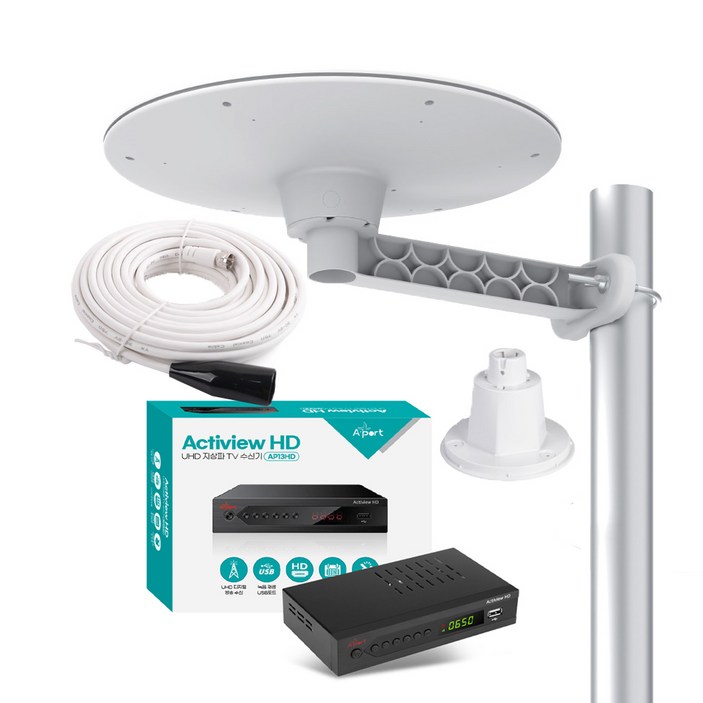 UHD 지상파 TV 안테나 셋톱박스 수신기세트 1.510M 케이블 포함 차량용 가정용 캠핑용 농막용, AP13HD01원반형 화이트, 1개