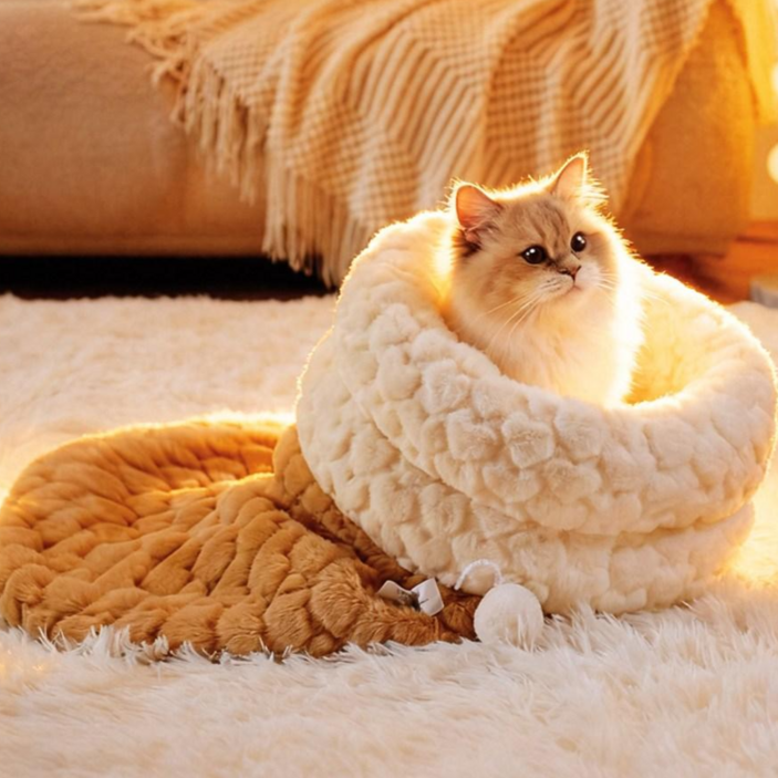 LareinaT 고양이 침낭 겨울 보온 극세사 안전감 반폐쇄형 포켓 하우스 강아지 캣베드, 1개, 브라운