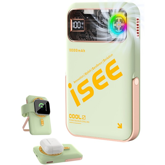 isee 아이시10000mAh 쿨링 맥세이프 터보 냉각팬 거치대 무선고속충전 3in1리튬 폴리머 보조배터리, 그린 isee 아이시10000mAh 쿨링 맥세이프 터보 냉각팬 거치대 무선고속충전 3in1리튬 폴리머 보조배터리, 그린