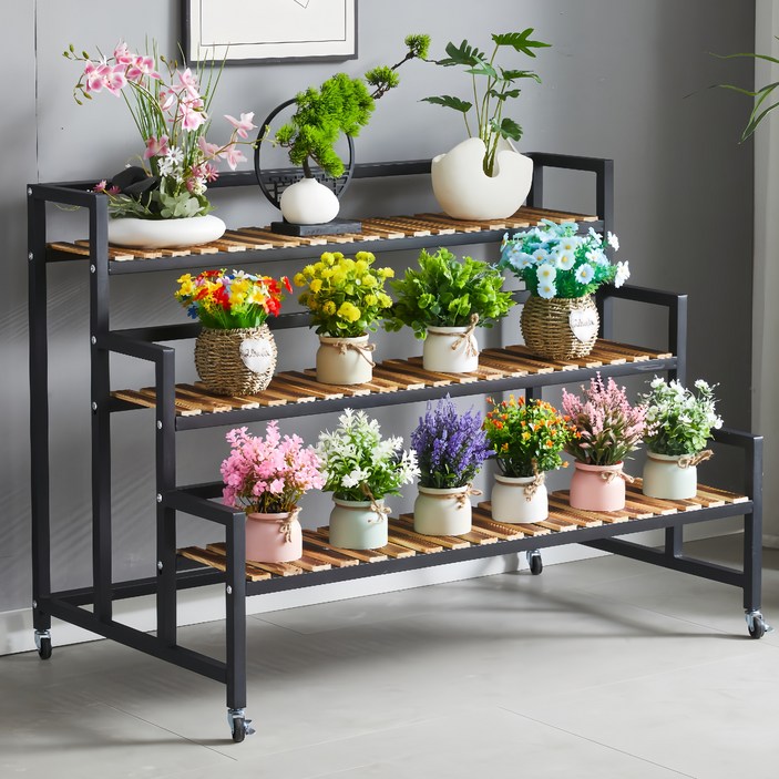 디원리빙 이동식 프리미엄 철제프레임 계단식 화분 정리 선반대, 블랙 120cm, 3단