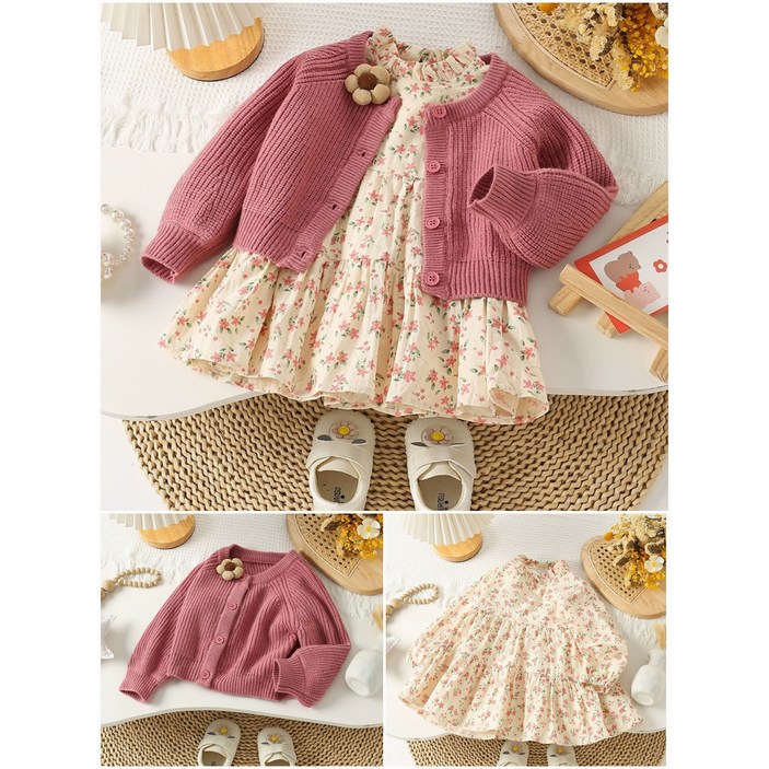 해피팡팡 - 여아 신상  가디건 + 원피스 + 브로치 세트 ,[다나핑크가디건플라워원핏셋 - 2종set]여아 원피스 세트  아동 봄가을 치마세트 투피스 핑크가디건 플라워원피스