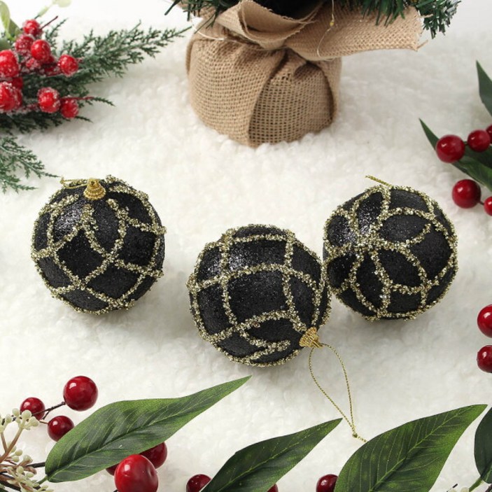 [도토로] 블랙시크 글리터 장식볼 3p세트(8cm) (다이아체크)