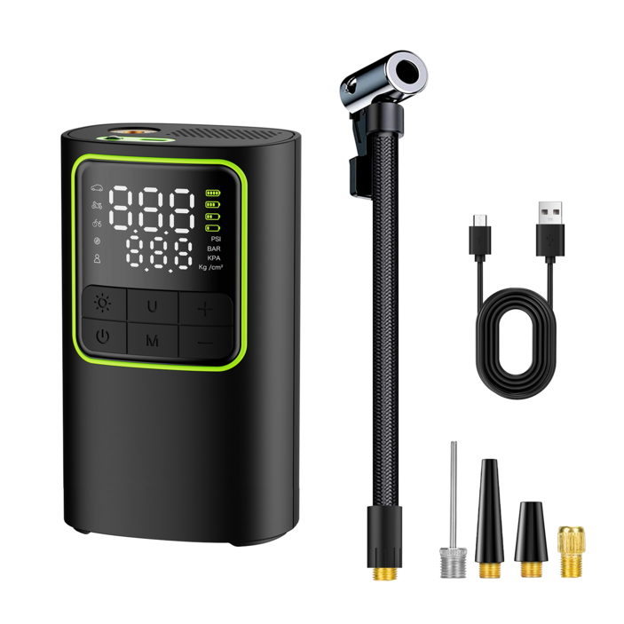 THOUSTA 휴대용 에어펌프 무선 타이어 공기압 주입기 차량용 농구공 튜브 led조명 에어건 풀세트 2400mAh x2, 블랙, 1세트