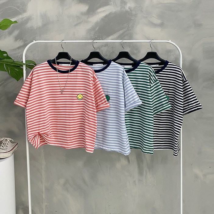 신상무배11 컬러 배색 포인트 스마일 스트라이프 루즈핏 티셔츠