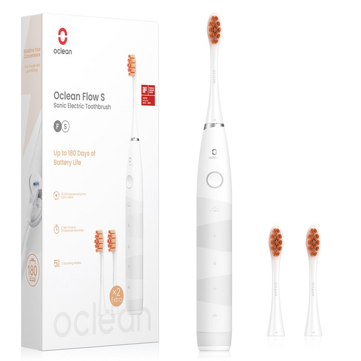 [한정특가 28900원] 오클린 Oclean Flow 음파전동칫솔본체+칫솔모 3개 1년 2번만 충전 분당 76000회 IPX7방수