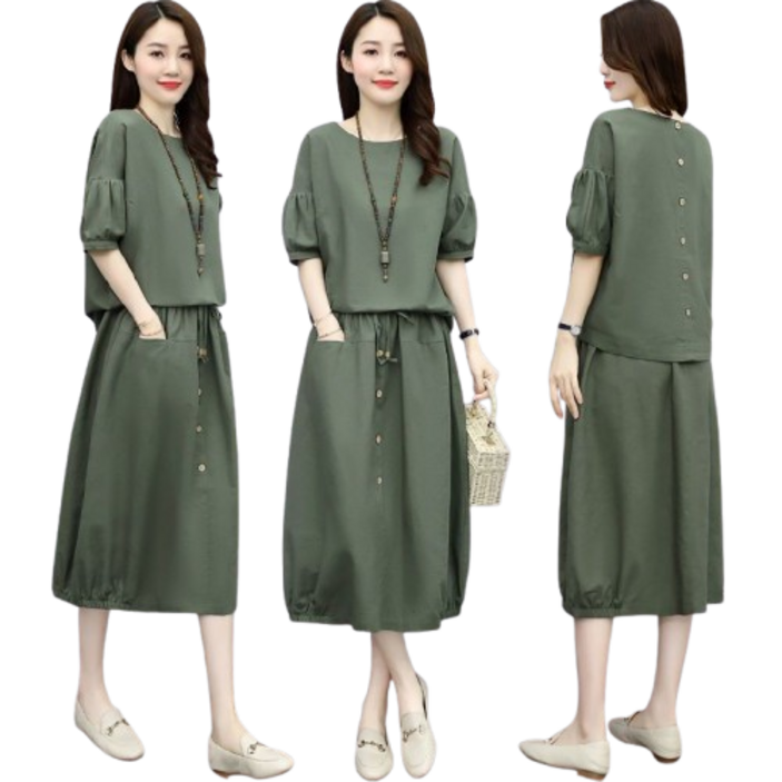 WEIHAN 여성 면 마 반팔 미디 스커트 투피스 루즈핏 H라인 밴딩 롱 스커트 캐주얼 심플 린넨 여성복