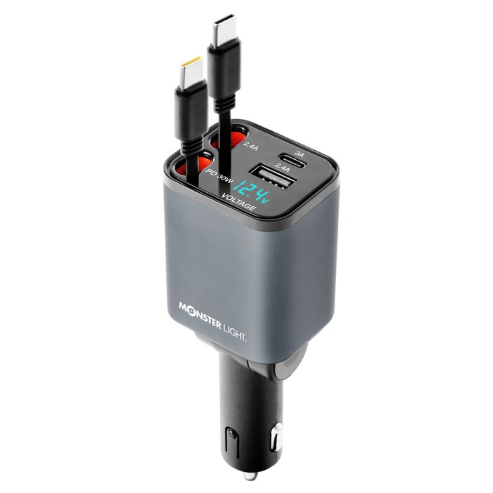 MONSTER LIGHT 엑셀 동시 4대충전 초소형 릴타입 차량용 시거잭 PD30W 초고속충전기 C타입
