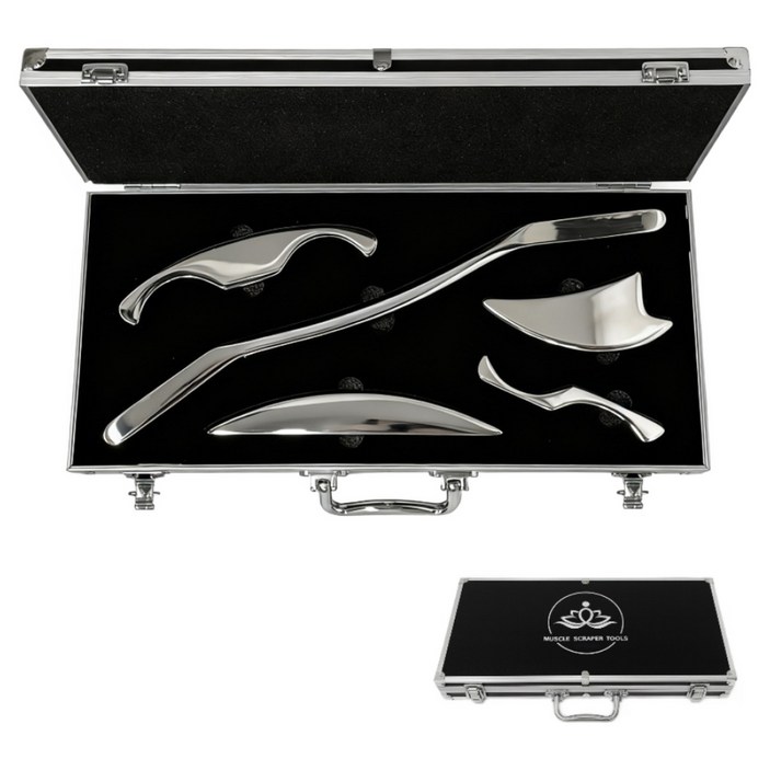 Holisttech 스테인리스 근막 마사지 괄사 5종 세트 전신 이완 케어 마사지 도구 세트 보관 케이스 포함, 실버, 1세트