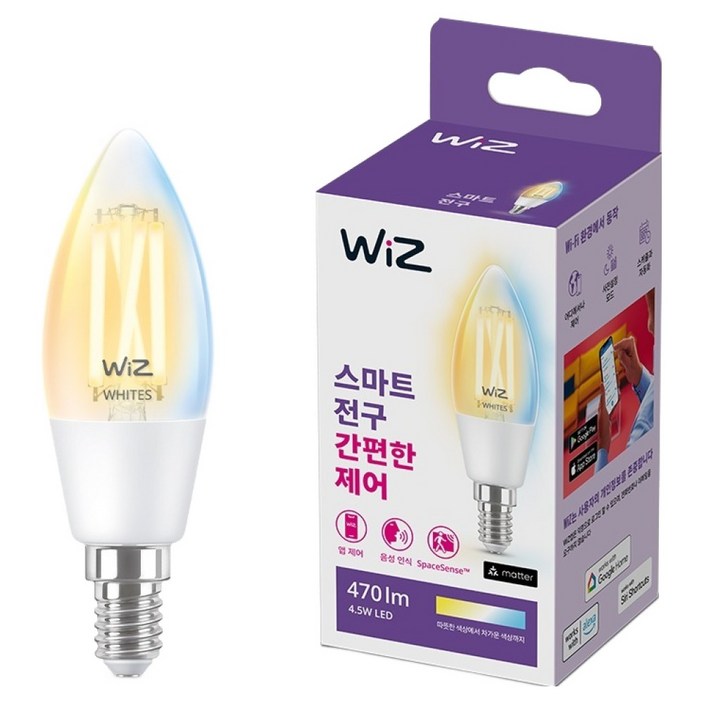 WiZ 스마트전구 LED 웜 앤 쿨 화이트 캔들 E14 4.5W
