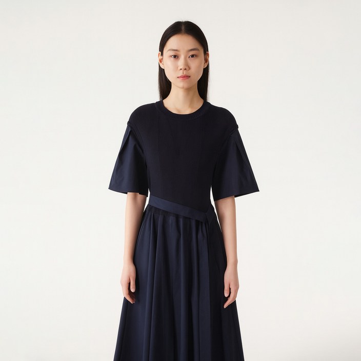 온앤온 여성용 니트 배색 제천 벨트 플리츠 원피스