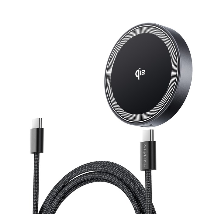 THREEKEY 맥세이프 무선 충전기 15W 초고속 충전기 호환 Qi2 마그네틱 무선충전기 휴대용 차량용충전기 슬림 디자인, 블랙2.0, 1개
