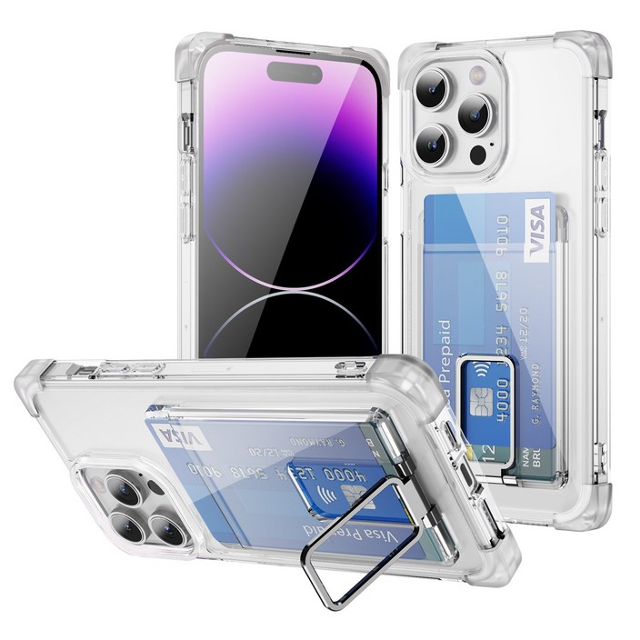 아칸크 애플 아이폰 14프로 카드 포켓 변색방지 투명 젤하드 범퍼 스탠드 거치대 휴대폰 케이스지문인식 보호필름 풀세트