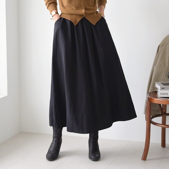 데일리앤 리에트 가을 데일리 밴딩 포켓 플레어 무지 A라인 롱 스커트