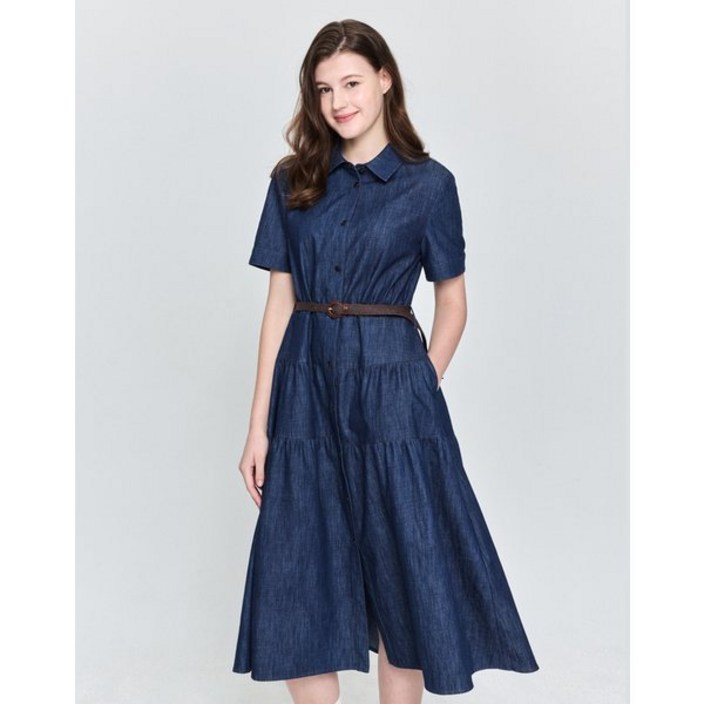 백화점출고 헤지스레이디스 티어드 헤지 데님 반소매원피스 딥블루 HSDR5B301B3