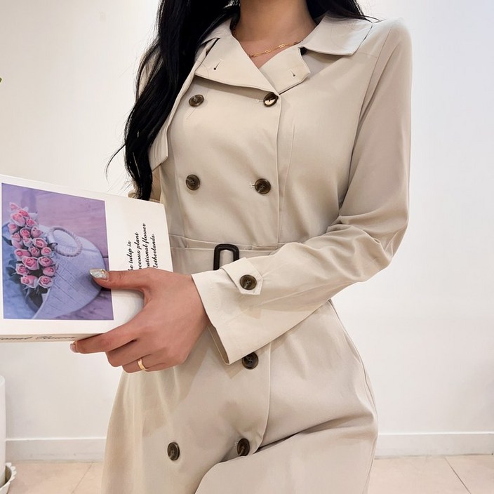 투디 어깨 견장 더블버튼 트렌치 벨트 롱원피스 하객룩, 3컬러 투디 어깨 견장 더블버튼 트렌치 벨트 롱원피스 하객룩, 3컬러