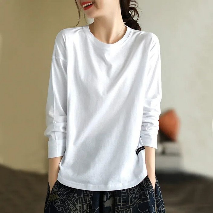 초특가 여성 가을 긴팔 티셔츠 루즈핏 라운드 이너 무지티 기본티셔츠 문예 상의 빅사이즈