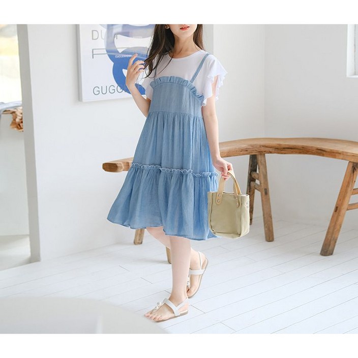 Toruva 어린이 여름 멜빵 반팔 원피스 상큼하고 발랄한 디자인 14세 이상